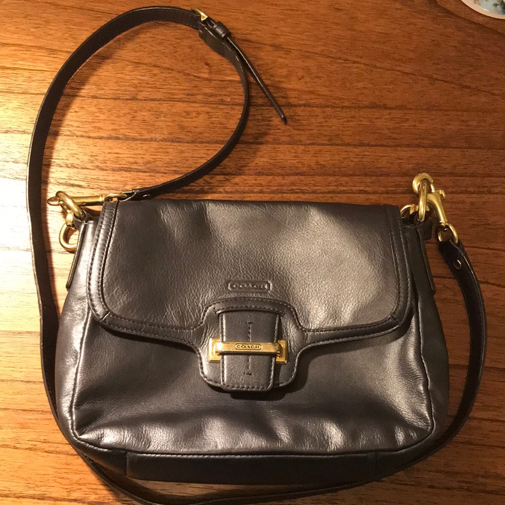 Metallic blue cross body Coach bag